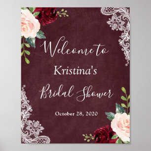 Burgundy Red Blush Bloral Lace Brautparty Sign Poster