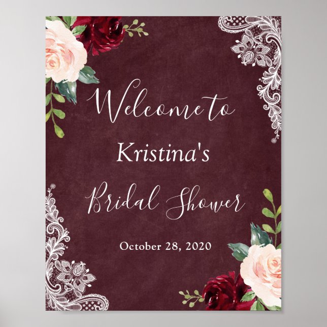Burgundy Red Blush Bloral Lace Brautparty Sign Poster (Vorne)