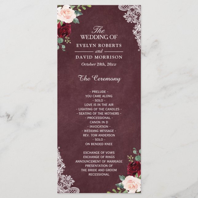 Burgundy Red Blush Bloral Lace Wedding Programm (Vorderseite)