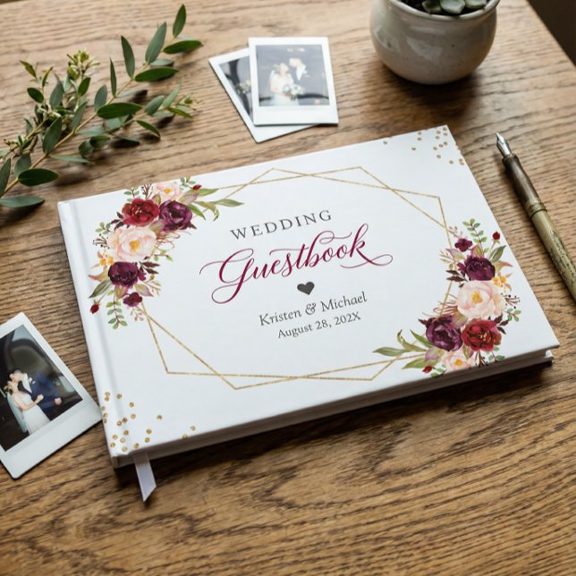 Burgundy Red Blush Floral Gold Geometric Wedding Gästebuch (Von Creator hochgeladen)