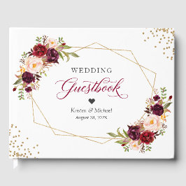 Burgundy Red Blush Floral Gold Geometric Wedding Gästebuch