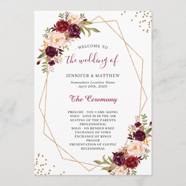 Burgundy Red Blush Floral Gold Geometric Wedding Programm (Vorderseite)