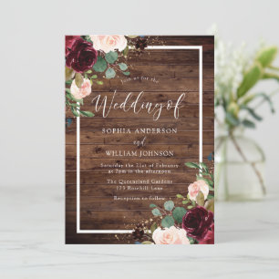 Burgundy Red & Blush Floral Rustic Wood Wedding Einladung