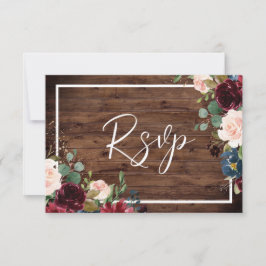 Burgundy Red & Blush Floral Rustic Wood Wedding RSVP Karte