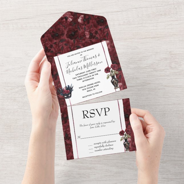 Burgundy Red Blush Floral Wedding All In One Einladung (Abreißen)