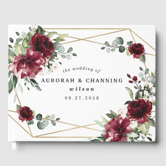 Burgundy Red Blush Gold Geometric Greenerity Weddi Gästebuch (Vorderseite)