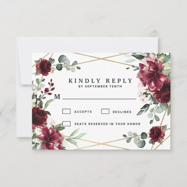Burgundy Red Blush Gold Geometric Greenerity Weddi RSVP Karte (Vorderseite)