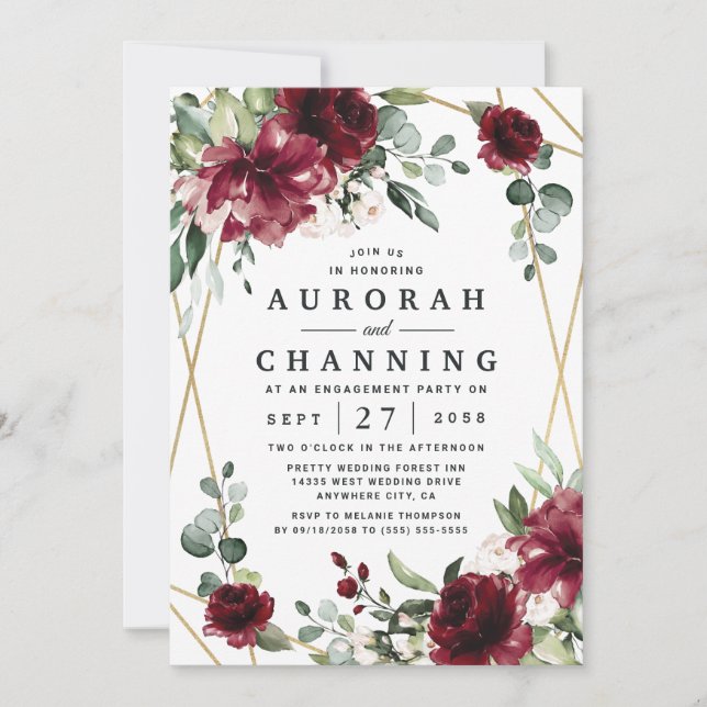 Burgundy Red Blush Gold Greenery Engagement Party Einladung (Vorderseite)