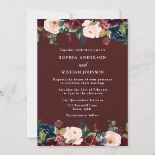 Burgundy Red, Blush & Navy Elegante Hochzeit im He Einladung