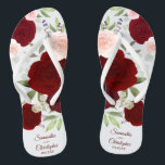 Burgundy Red & Blush Pink Boho Rose Hochzeit Flip Flops<br><div class="desc">Tanzen Sie die Nacht mit diesen schönen Hochzeitsflip-Flops. Das rustikale, schicke Design mit handgemalten Aquarellfarben in Bordeaux-, Rot- und Rosatönen, Eukalyptus-Blätter und Gartengrün. Es gibt Platz für die Namen des Paares und das Hochzeitsdatum unten. Ein wunderbarer Weg, um Ihren Gästen zu danken, während sie von einem langen Tag stehend gerettet....</div>