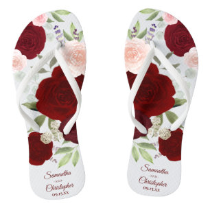 Burgundy Red & Blush Pink Boho Rose Hochzeit Flip Flops