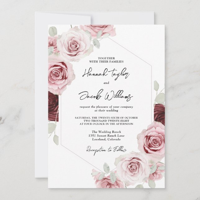 Burgundy Red Blush Pink Floral Wedding Einladung (Vorderseite)