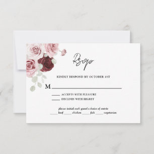 Burgundy Red Blush Pink Floral Wedding RSVP Karte