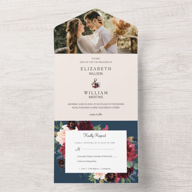 Burgundy Red Blush Pink Navy Blue Floral Wedding All In One Einladung (Innen Boden)