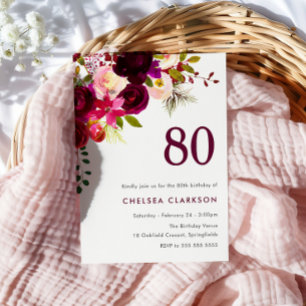 Burgundy Red Boho Floral 80. Geburtstagsparty Einladung