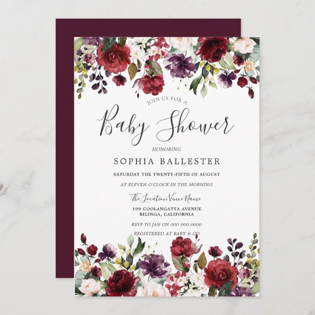 Burgundy Red Botanical Baby Dusche Einladung (Vorne/Hinten)