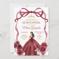 Burgundy Red Bow Princess Gold Crown Quinceañera