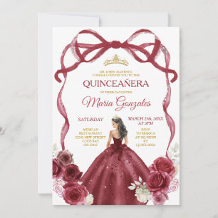 Burgundy Red Bow Princess Gold Crown Quinceañera Einladung