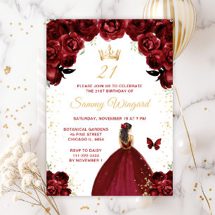 Burgundy Red Brünett Hair Princess Birthday Party Einladung