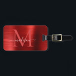 Burgundy Red Brushed Steel Metal Script Monogram Gepäckanhänger<br><div class="desc">Bag Tag: Burgundy Red Brushed Steel Metal Script Monogram</div>