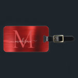 Burgundy Red Brushed Steel Metal Script Monogram Gepäckanhänger<br><div class="desc">Bag Tag: Burgundy Red Brushed Steel Metal Script Monogram</div>