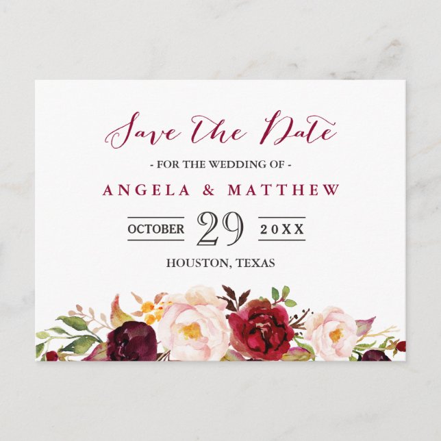 Burgundy Red Chic Bloral Wedding Save the Date Ankündigungspostkarte (Vorderseite)
