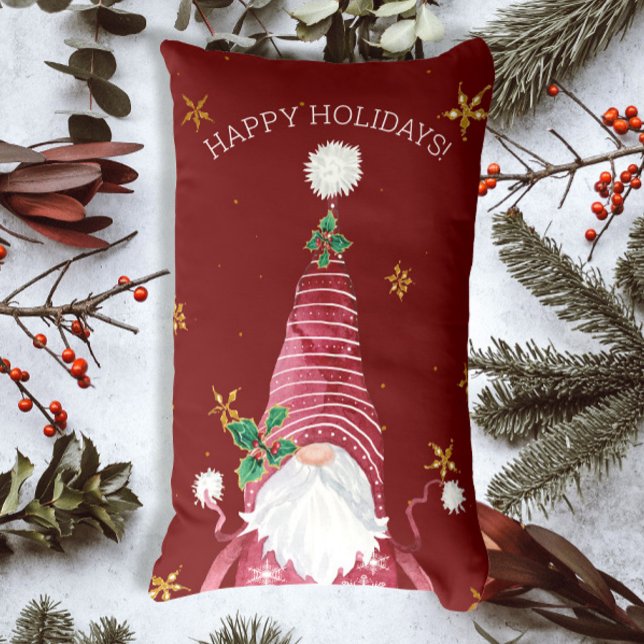 Burgundy Red Christmas Gnome Watercolor Holly Star Lendenkissen (Von Creator hochgeladen)