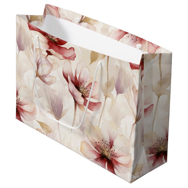Burgundy Red Cream Floral Brautparty Große Geschenktüte (Vorderseite Schrägansicht)
