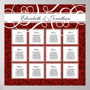 Burgundy Red Damask 12 Hochzeitstisch Seating Char Poster