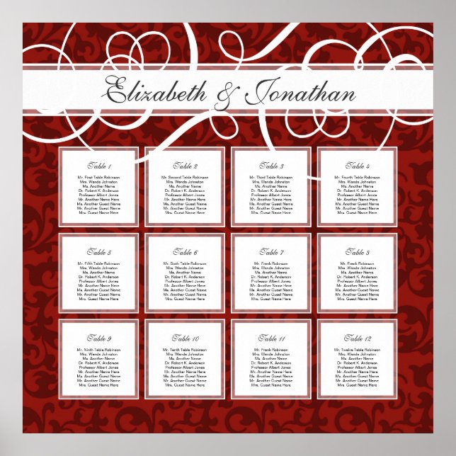 Burgundy Red Damask 12 Hochzeitstisch Seating Char Poster (Vorne)