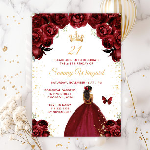 Burgundy Red Dark Skin Princess Birthday Party Einladung