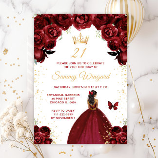 Burgundy Red Dark Skin Princess Birthday Party Einladung