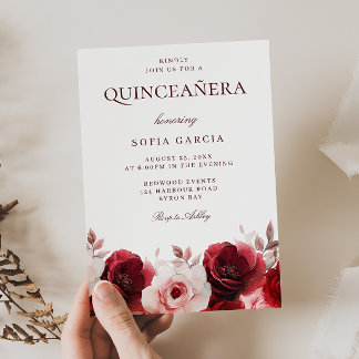 Burgundy Red Elegance Rote Rose Quinceanera Einladung