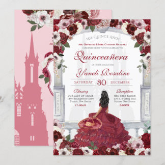 Burgundy Red Elegant Charro Princess Quinceanera Einladung