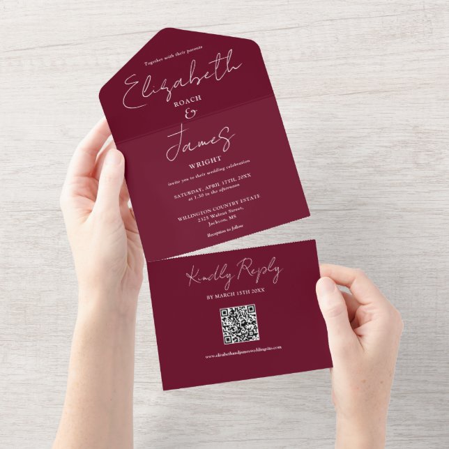 Burgundy Red Elegant Script QR Code Wedding All In One Einladung (Abreißen)