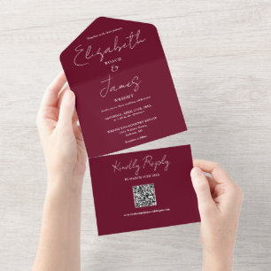 Burgundy Red Elegant Script QR Code Wedding All In One Einladung