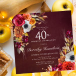 Burgundy Red Fall Blume Script 40. Geburtstag Einladung<br><div class="desc">Schöne Herbst-Blume schmücken zwei Ecken dieser Einladung. Rote Rosen,  Terrakotta-Blume und weiße Bäume harmonieren mit grünen Blätter und Blattwerk. Die Blume und der moderne weiße Skript-Pop vor dem bordeauxroten Hintergrund. Dieser Artikel ist Teil der Burgundy Fall Blume Kollektion.</div>
