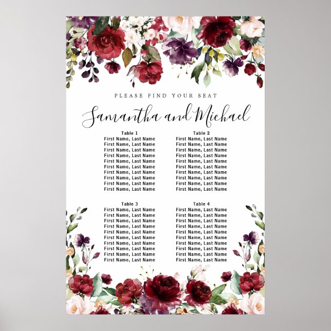 Burgundy Red Floral 4-Tisch Hochzeitstabelle Poster (Vorne)