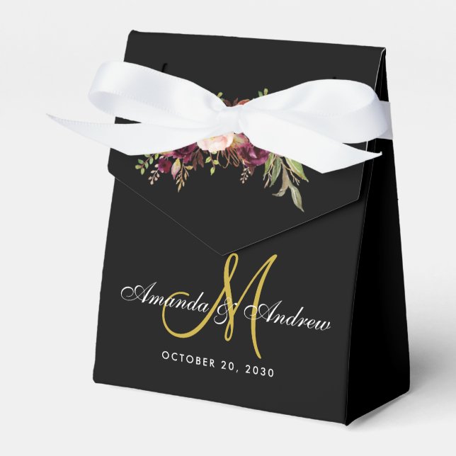 Burgundy Red Floral Black Gold Monogram Wedding Geschenkschachtel (Vorderseite)
