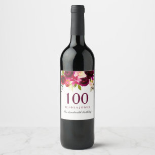 Burgundy Red Floral Boho 100. Geburtstagsparty Weinetikett