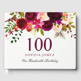 Burgundy Red Floral Boho 100th Birthday Gästebuch