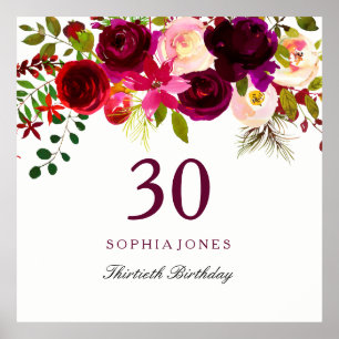 Burgundy Red Floral Boho 30. Geburtstag Party Poster