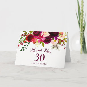 Burgundy Red Floral Boho 30. Geburtstag Vielen Dan Dankeskarte
