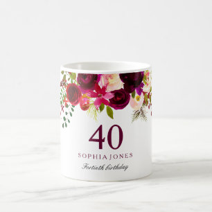 Burgundy Red Floral Boho 40. Geburtstagsgeschenk Tasse