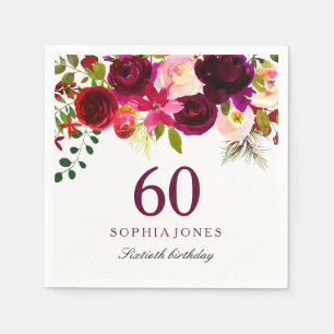 Burgundy Red Floral Boho 60. Geburtstagsparty Serviette