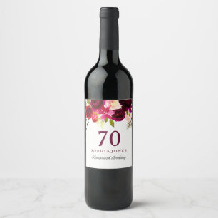 Burgundy Red Floral Boho 70. Geburtstagsparty Weinetikett