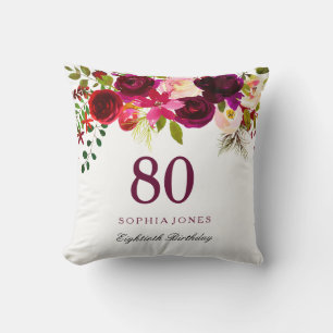 Burgundy Red Floral Boho 80. Geburtstagsgeschenk Kissen