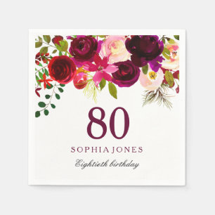 Burgundy Red Floral Boho 80. Geburtstagsparty Serviette