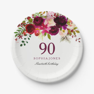 Burgundy Red Floral Boho 90. Geburtstagsparty Pappteller