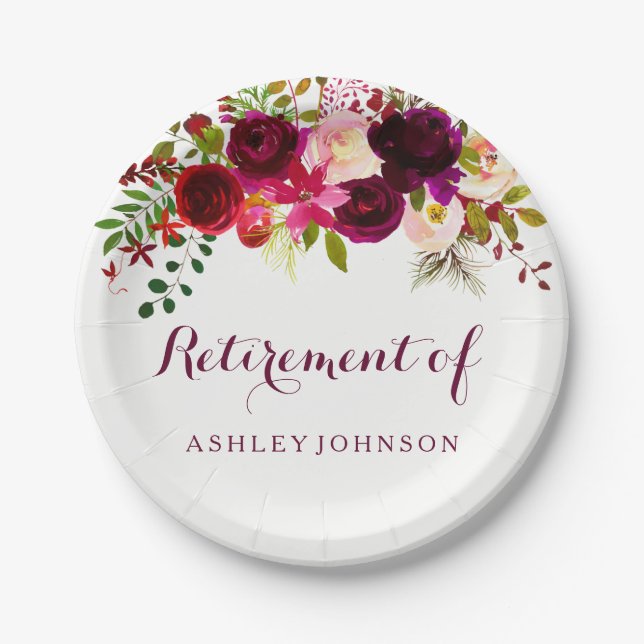 Burgundy Red Floral Boho Retirement Party Pappteller (Vorderseite)